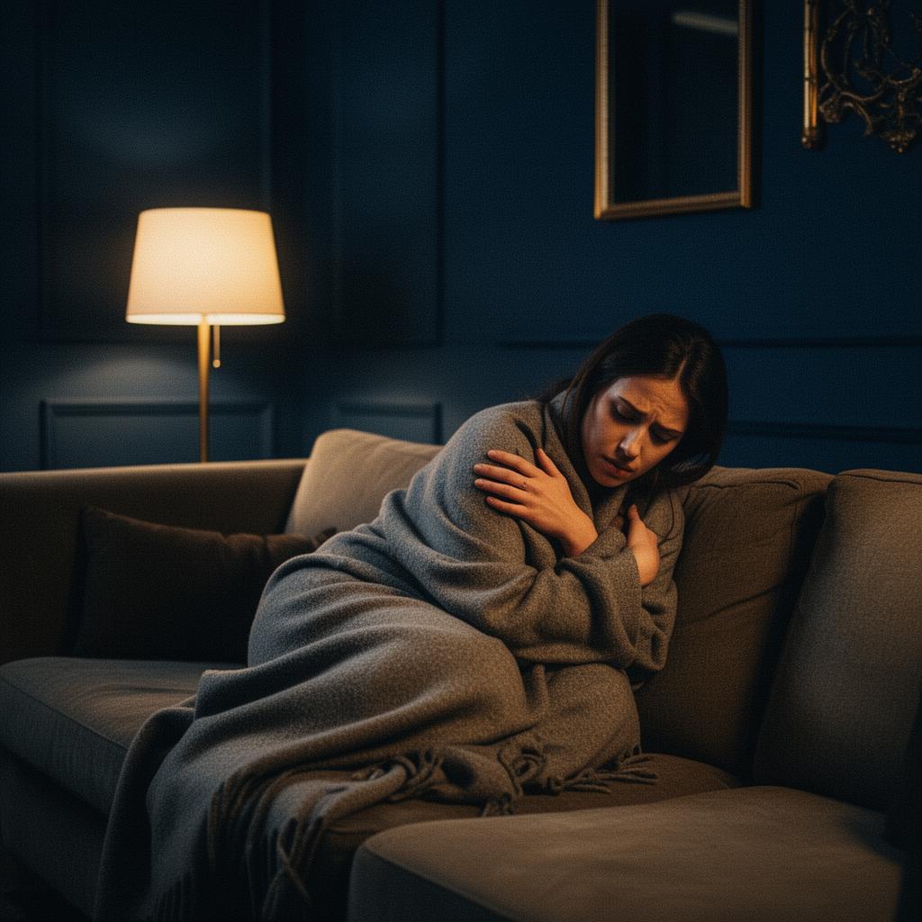 A woman sitting alone wrapped in a blanket, grieving quietly